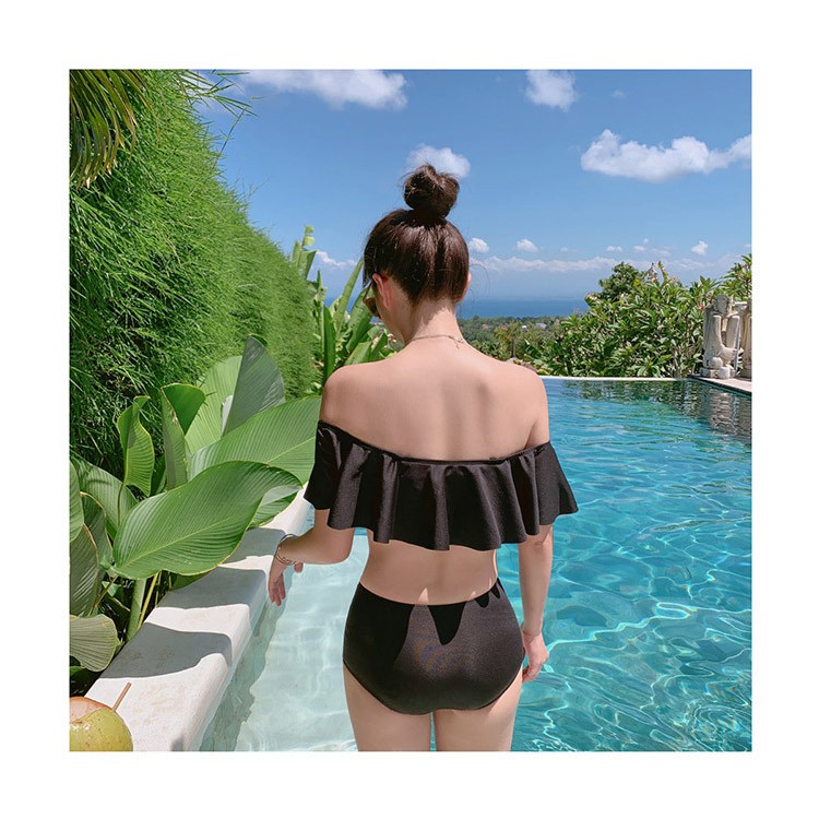 BIKINI Bộ đồ bơi nữ đi biển 2 mảnh áo bơi có sẵn mút trễ vai bèo - quần bơi cạp cao (Đen trơn)