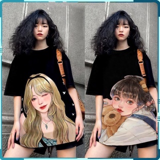 Áo Thun Nữ Đen Form Rộng In Hình Cô Gái, Áo Mềm Mại Thấm Hút Mồ Hôi - MM01