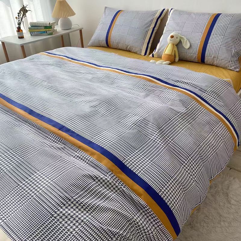 Bộ chăn ga gối cotton living nhập khẩu lonaabedding họa tiết kẻ ngang vàng trắng xanh, ô vuông nhỏ xám ( full size)