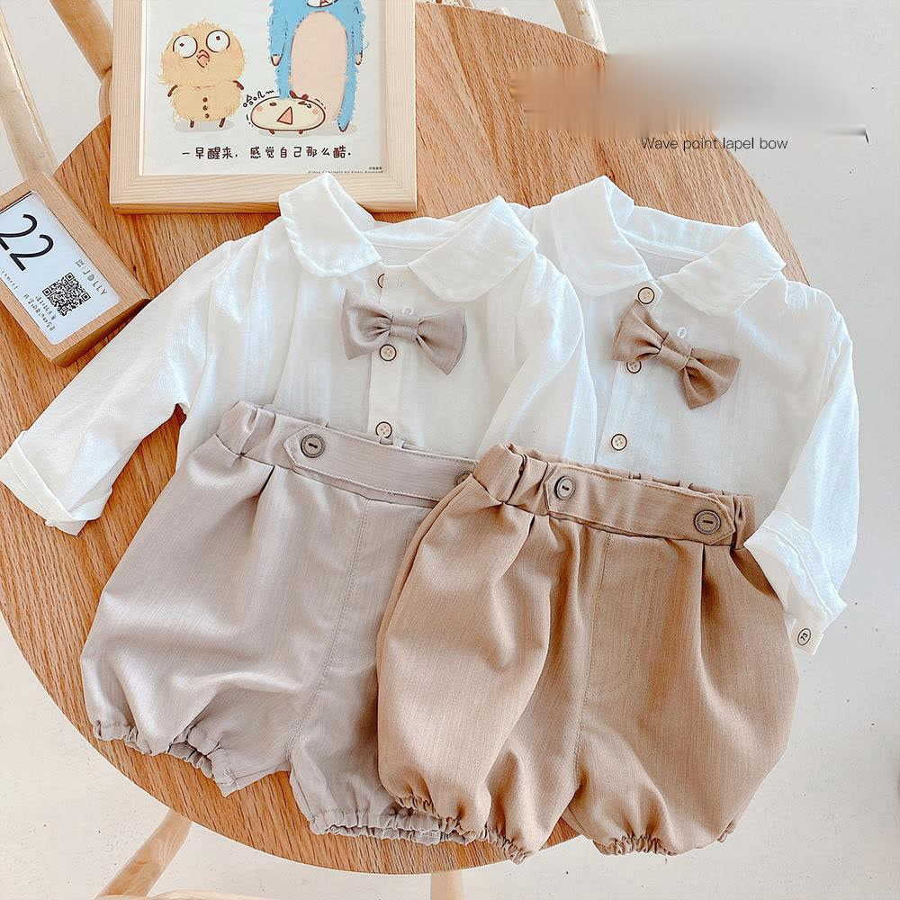 Bộ áo sơ mi dài tay và quần dài màu trơn xinh xắn cho bé trai
