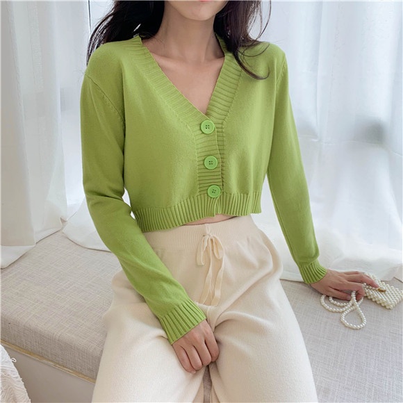 Áo Khoác Cardigan Dệt Kim Tay Dài Cổ Chữ v Lưng Cao Màu Xanh Bơ Thời Trang Cho Nữ