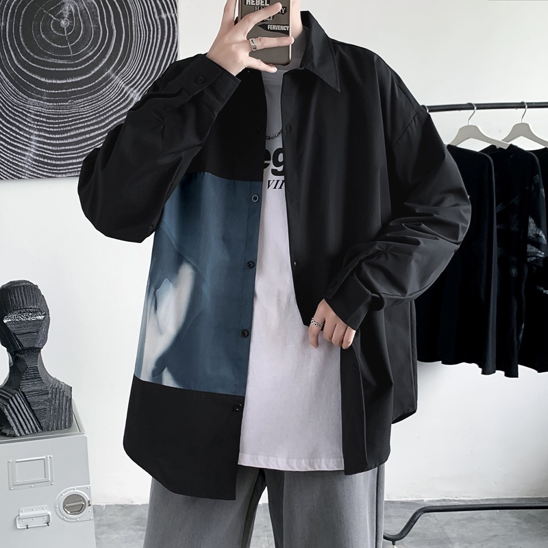 Áo Sơ Mi Nam Dài Tay Màu Đen Họa Tiết In Thời Trang