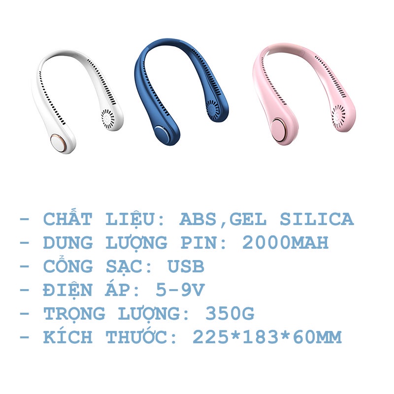 Quạt mini đeo cổ không cánh tiện dụng - 3 tốc độ 2000mah mini có cổng USB tiện lợi,hàng chính hãng bh 12 tháng - CN25