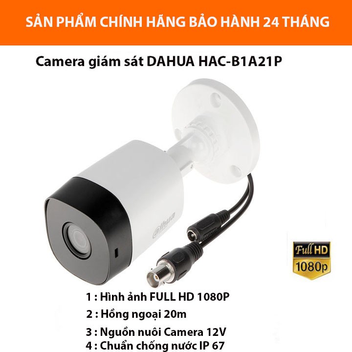 Camera giám sát DAHUA HAC-B1A21P ⚡𝑭𝑹𝑬𝑬 𝑺𝑯𝑰𝑷 ⚡ Full HD, Chống nước, Chống ngược sáng, Hồng ngoại xa - BH 24 Tháng