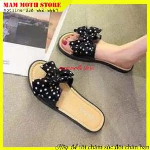 Dép nữ,Dép quai ngang đế bệt phối nơ thời trang, dép nơ lụa 2 màu đen kem, size 36-39