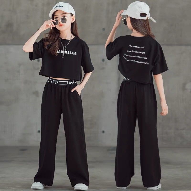 Set Áo Thun Ngắn Tay + Quần Ống Rộng Phong Cách Mới 2022 Cho Bé Gái