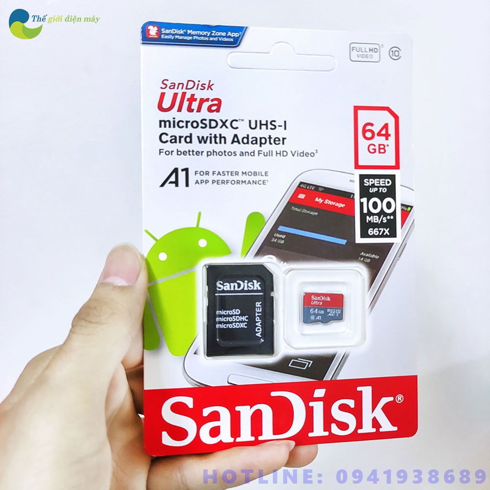 Thẻ Nhớ Sandick 64GB 100MB/s Chuẩn Class10 U1 A1 - Bảo Hành 12 Tháng - Shop Thế Giới Điện Máy