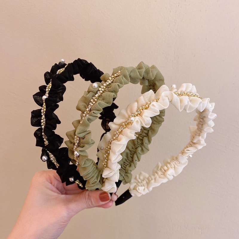 Bờm tóc voan dây đá đính hạt viền nhún bèo nữ tính B103