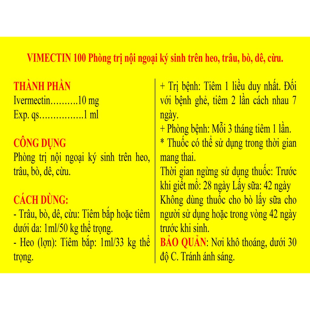 1 lọ 100ml VIMECTIN 100 Chuyên dùng cho heo, trâu, bò, dê, cừu, ngựa, lợn, chó, mèo, thỏ