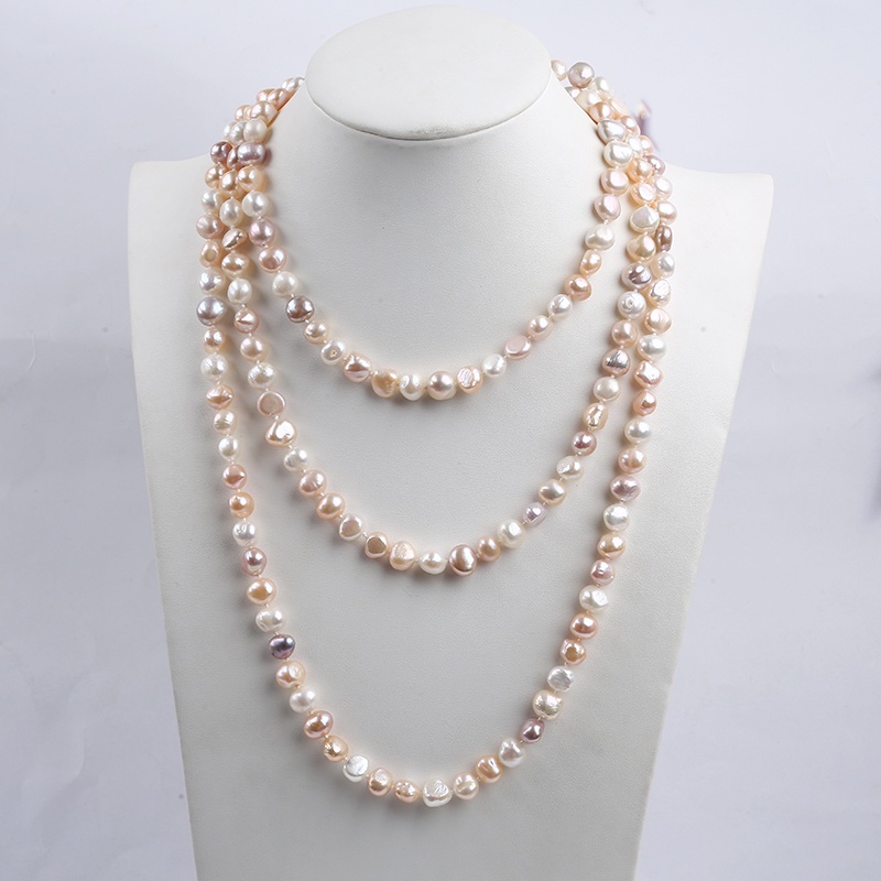 Vòng cổ Dài 160 Độ Dài 9-10mm Màu Trắng Hồng Tím Ngọc Trai Tự Nhiên Phong Cách baroque