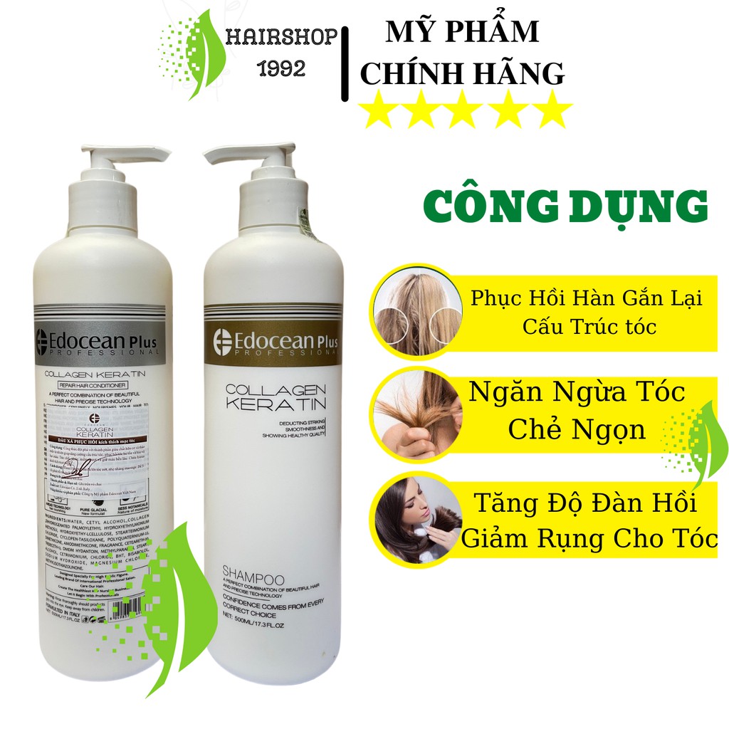 Dầu gội keratin colagen EDUCEAN kiềm dầu phục hồi chống rụng tóc siêu mượt , combo dầu gôi dầu xả 500ml * 2