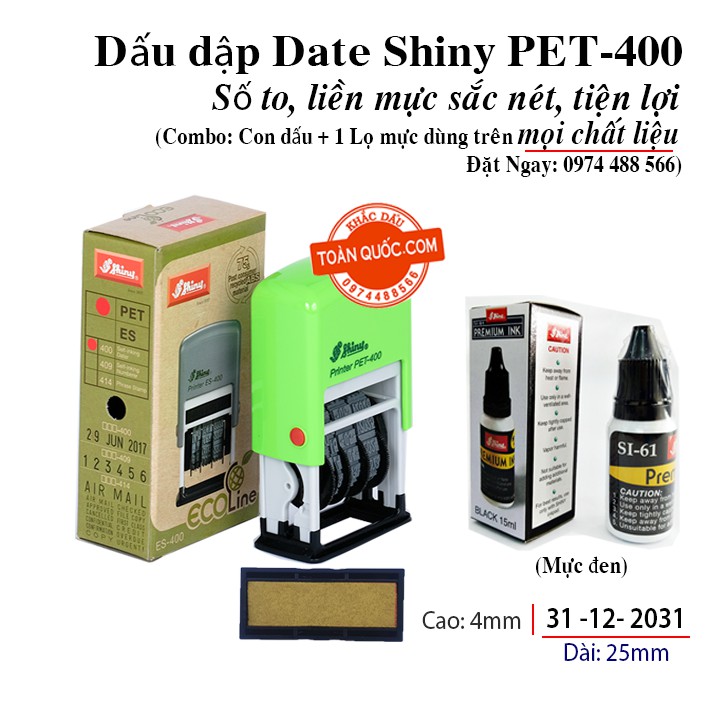 [Shiny PET-400 + 01 Lọ mực trên mọi chất liệu] Dấu dập date Mini Dater PET-400 Kèm 01 lọ mực trên mọi chất liệu