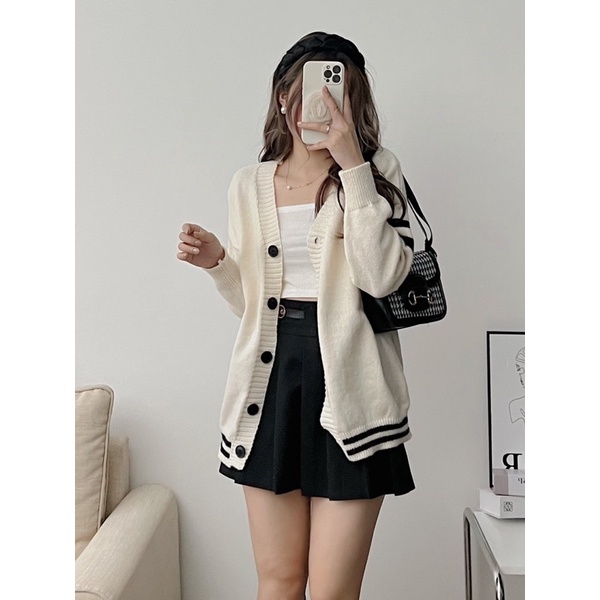 Áo len cardigan tay kẻ ngang dáng dài