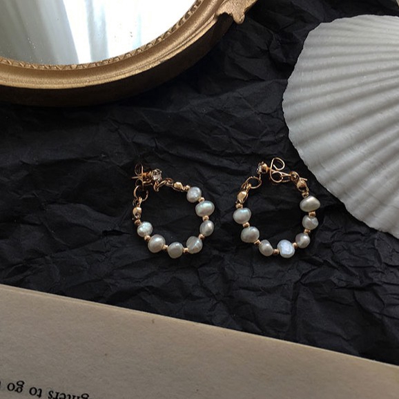 Korean Girls Pearl Hoop Earrings / Unique Circle Earring / Fashion Pearl Stud Earrings / Wedding Party Ear Jewelry