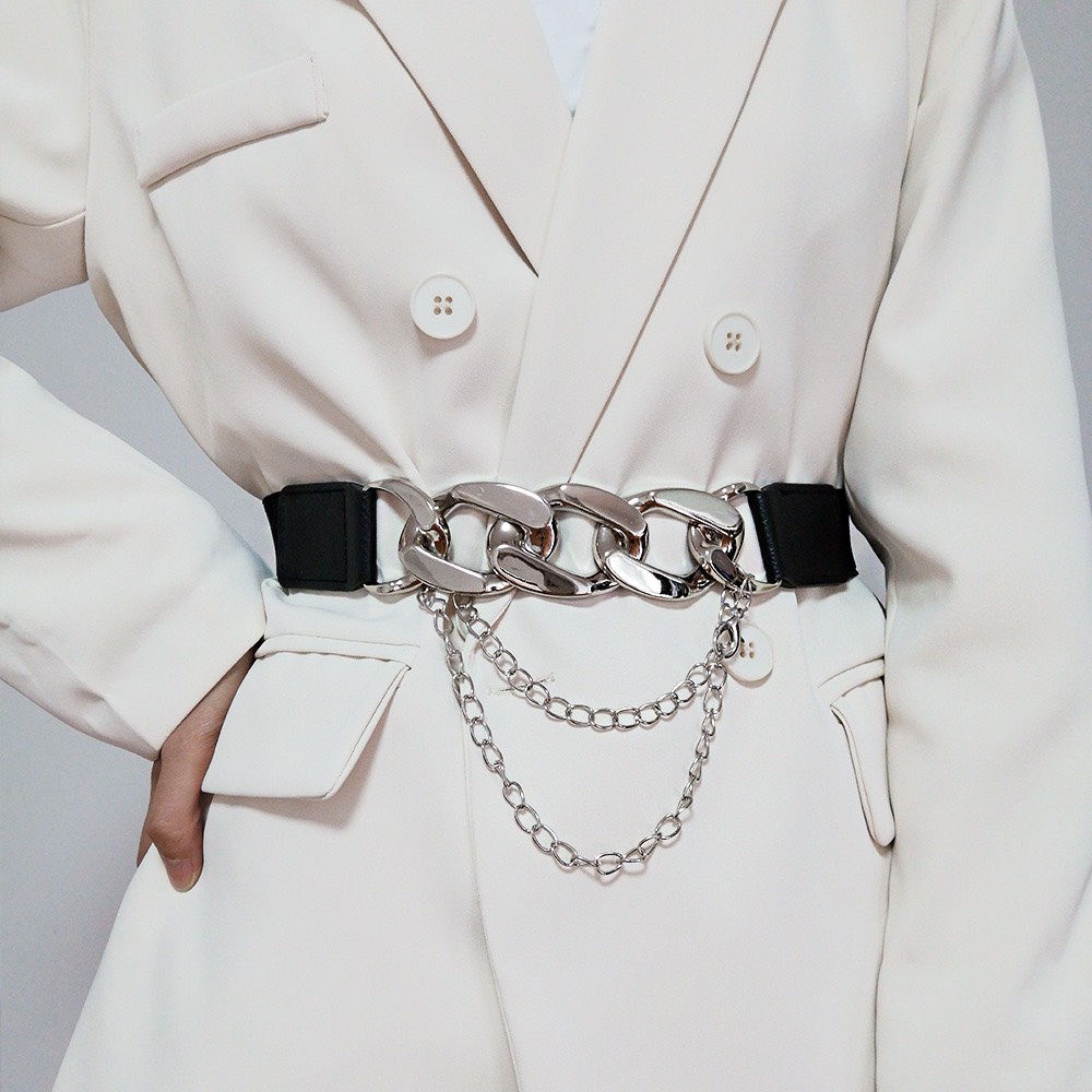Đai nịt bụng bản 3.8cm phối chuỗi xích lich hoạt siết eo Thắt eo trang trí blazer