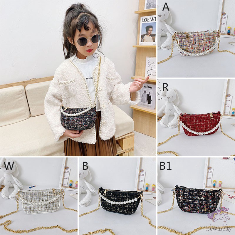 Túi xách đeo vai phối chuỗi hạt ngọc trai thời trang Hàn Quốc cho bé gái