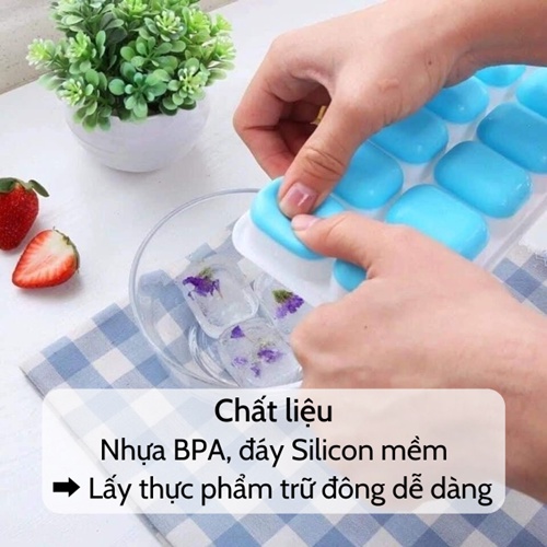 Khay đá 💎 Vỉ làm đá Silicon có nắp đậy kháng mùi tủ lạnh bảo quản thực phẩm an toàn giá rẻ 14 ô lấy đồ trữ đông dễ dàng