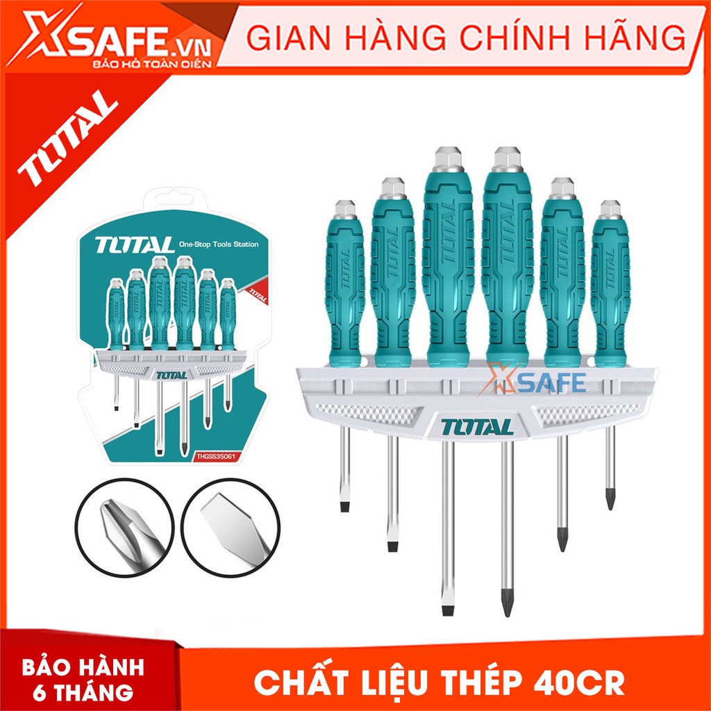 Bộ 6 tua vít đóng xuyên TOTAL THGSS35061 tay cầm mới Bộ tuốc nơ vít thép 40Cr siêu bền, bọc cao su tăng độ bám
