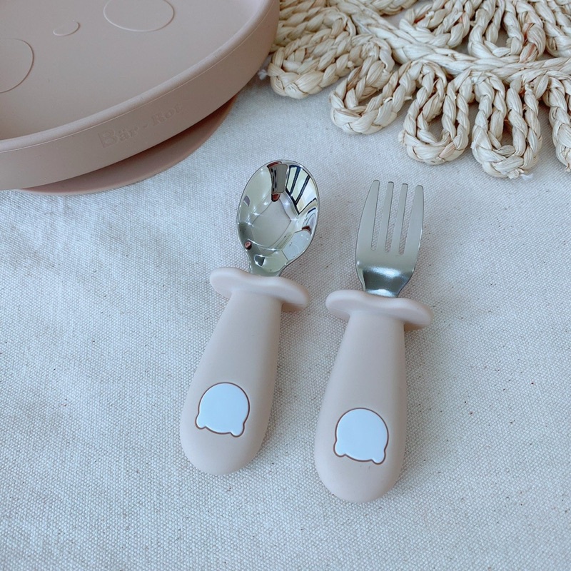 Set thìa dĩa inox hình gấu tay cầm silicon cao cấp chính hãng bar-rot cho bé