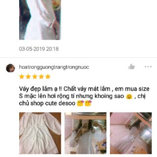 Váy trắng tay phồng thắt nơ cổ vuông (có sẵn + hình thật)