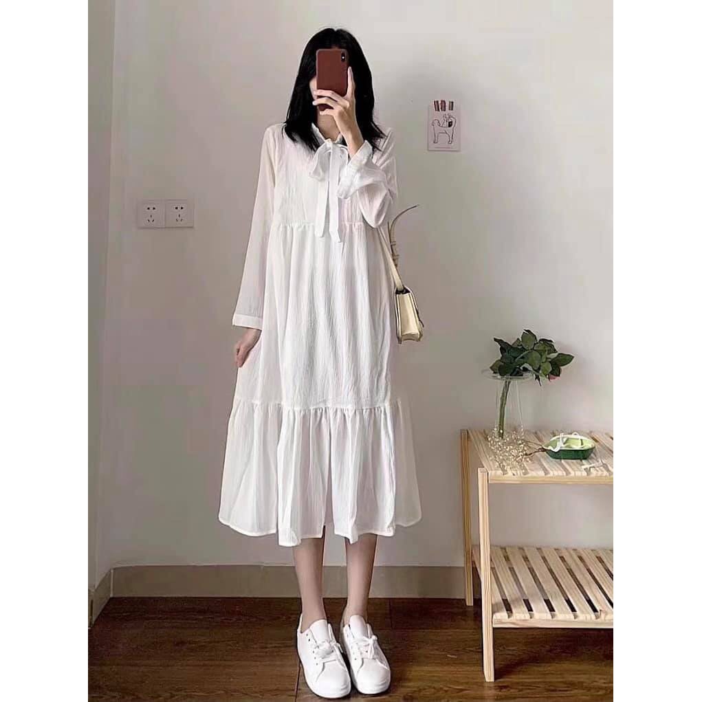 V028 Váy nữ cổ nơ dáng dài qua gối trắng đen tay bèo Đầm dài tay 2 tâng dáng xòe công chúa bánh bèo tiểu thư