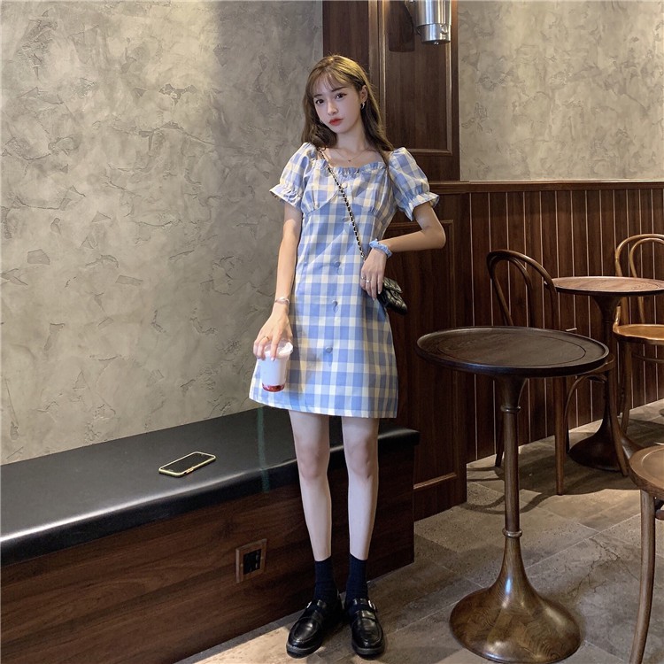 Đầm Tay Ngắn Họa Tiết Sọc Caro Phong Cách Retro Pháp | BigBuy360 - bigbuy360.vn