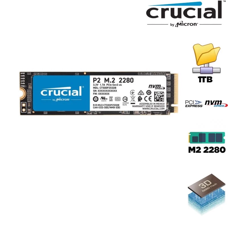 SSD Crucial P2 1TB NVMe PCIe Gen 3x4 M.2 2280 - CT1000P2SSD8