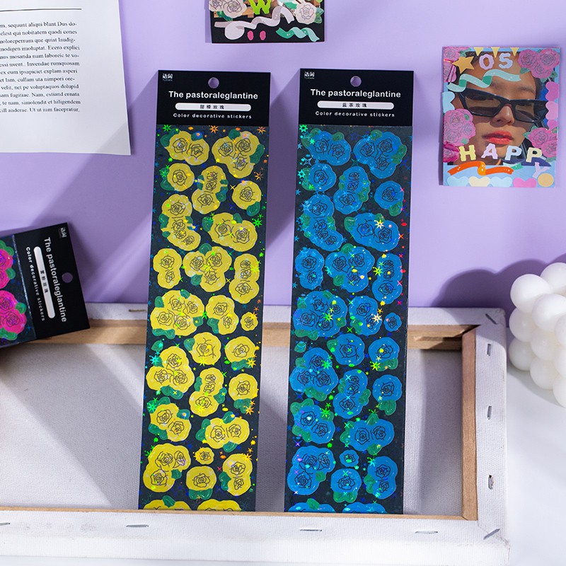 Set 2 tấm hình dán hoa hồng lấp lánh trang trí sổ lưu niệm