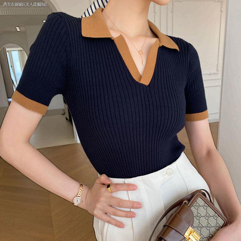 Áo Thun polo Tay Ngắn Cổ Chữ V Màu Sắc Tương Phản Thời Trang Mùa Hè Dành Cho Nữ