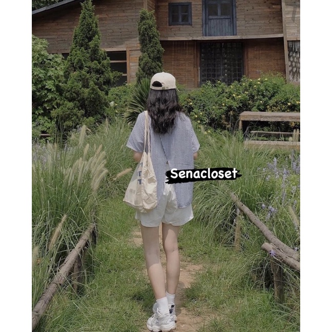 Full set sơmi kẻ xẻ tà sau chất xốp quần short trăng ( Ảnh thật )