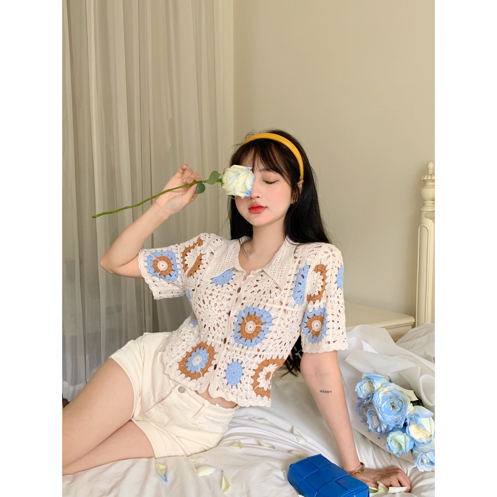 LALISAS Áo Dệt Kim Ngắn Tay Phối Lỗ Thời Trang Hàn Quốc Dễ Phối Đồ