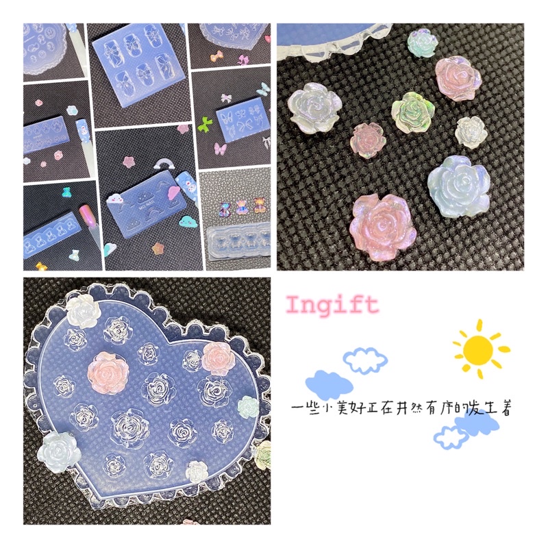 Khuôn silicon móng, nơ, bò sữa, gấu nhỏ, tim, khuôn charm nail, đắp bột Ingift, phụ kiện làm nail box