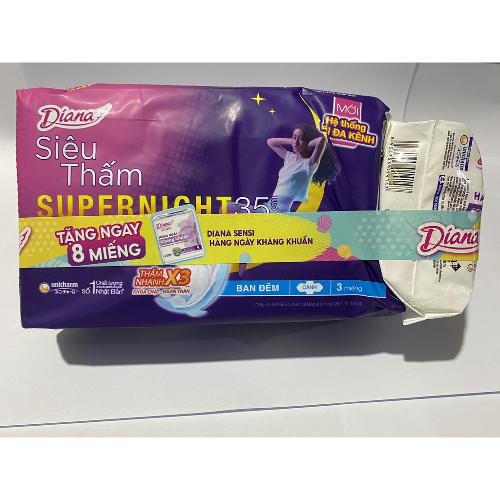 Băng vệ sinh Diana Ban đêm Siêu thấm Supernight cánh 35cm 3 miếng/gói