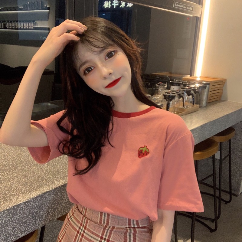 【Miss Sumey】 Áo thun ngắn tay thêu hình quả dâu cute
