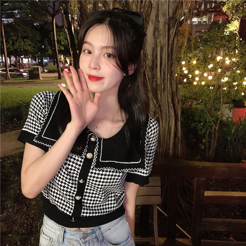 Áo dệt kim tay ngắn cổ búp bê thời trang mùa hè mới 2021 cho nữ