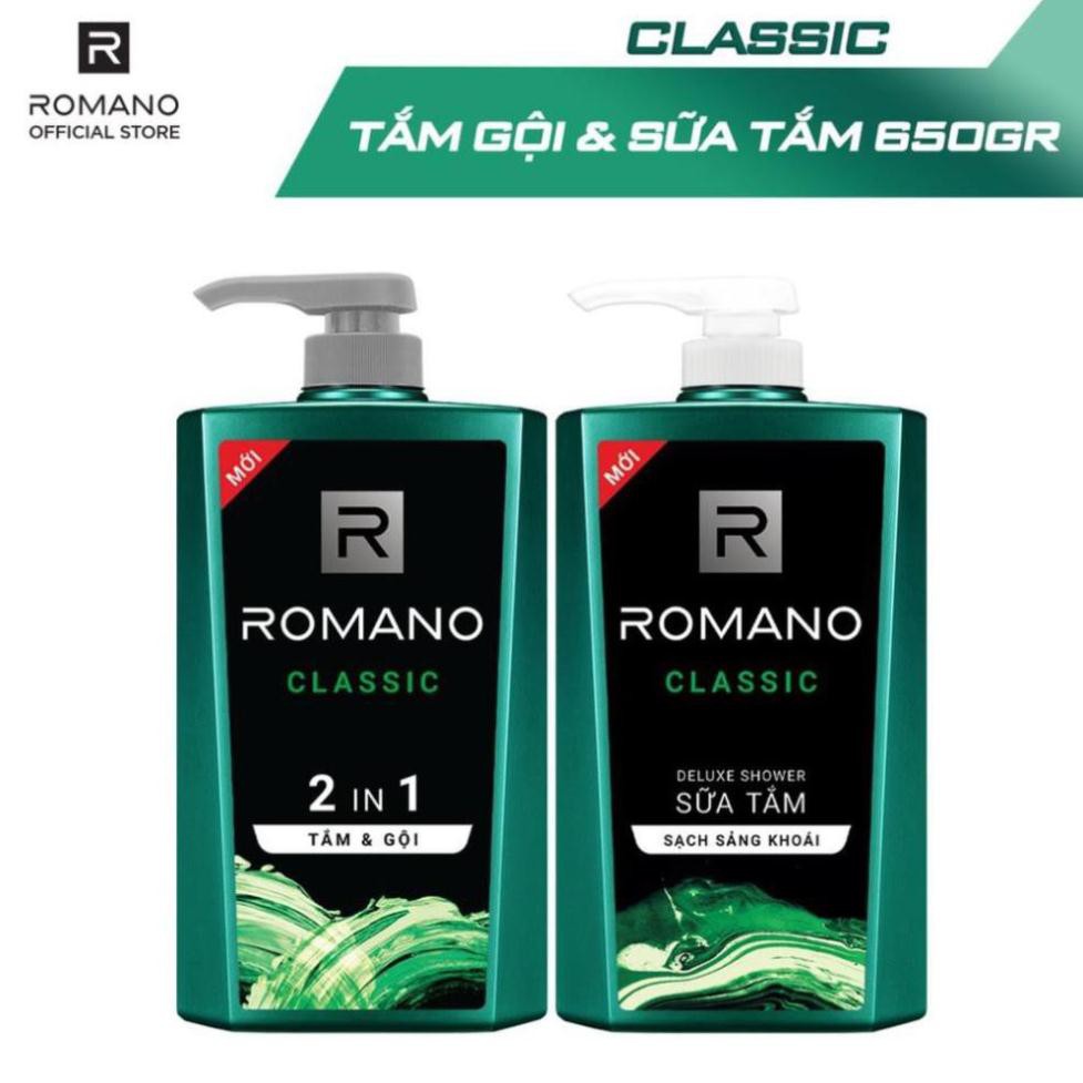 [Romano] Combo Tắm Gội 2In1 & Sữa Tắm Romano Classic Cổ Điển Lịch Lãm 650G/Chai