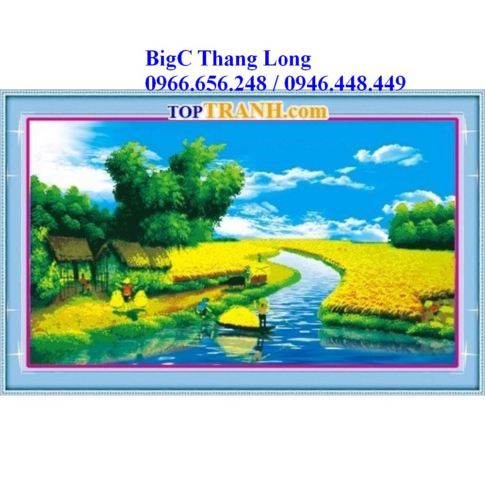 Tranh đính đá cánh đồng lúa vàng H723 phong cảnh làng quê Việt Nam, chưa đính