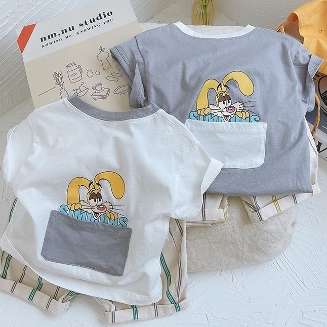 Bộ Áo Thun Ngắn Tay In Hoạt Hình + Quần Short Kẻ Sọc Thời Trang Mùa Hè 2023 Cho Bé Trai
