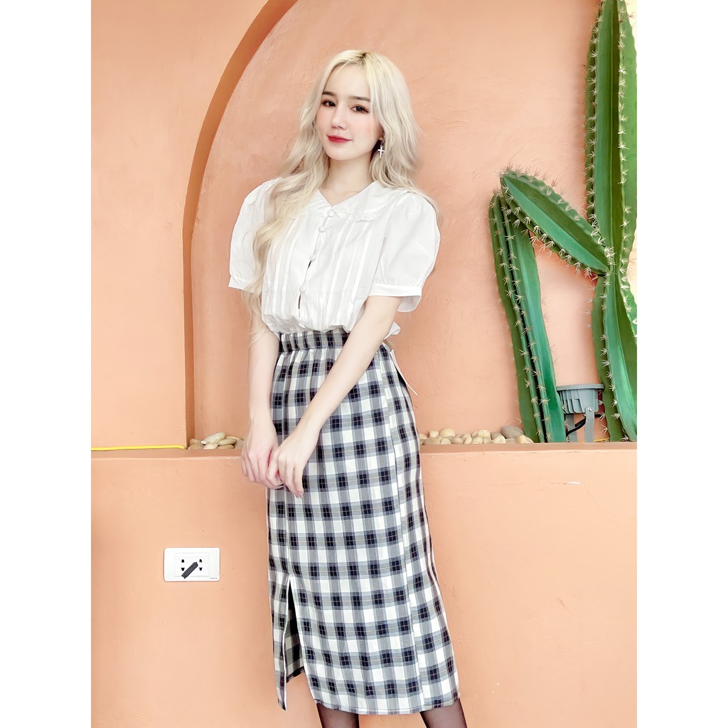 Chân váy dài chất vải thô Quảng Châu dáng suông vintage kẻ ô vuông phong cách Hàn Quốc - Chân váy bút chì kẻ xẻ tà