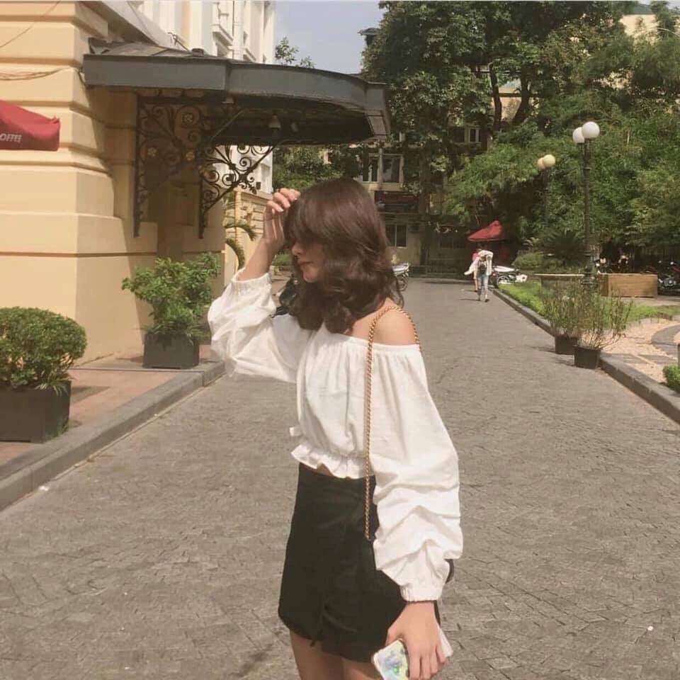 [Mã FAMAYWA2 giảm 10K đơn 50K] áo croptop tay dài trễ vai đẹp - áo croptop ôm tay phồng đi biển crt màu trắng màu đen