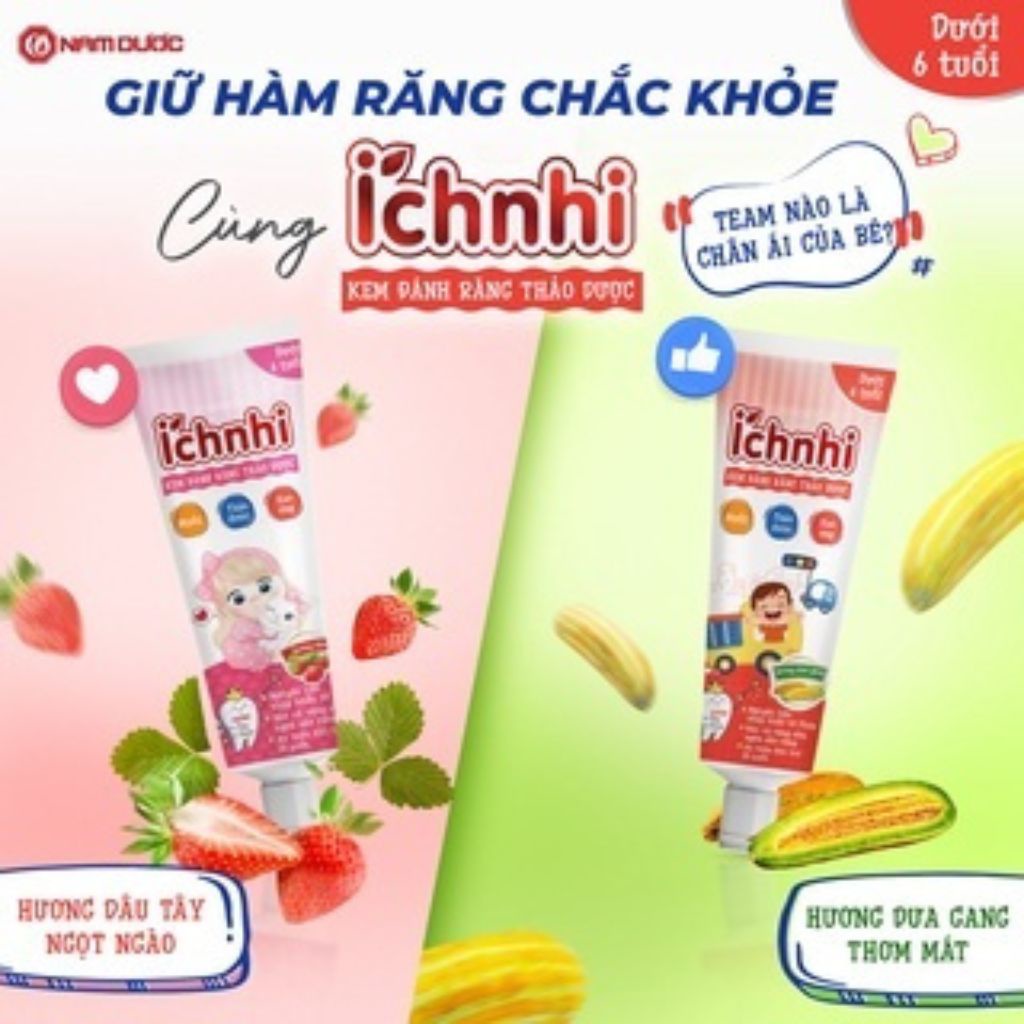 Combo 5 tuýp kem đánh răng trẻ em thảo dược Ích Nhi hương dâu tuýp 50g cho bé dưới 6 tuổi nuốt được, chăm sóc răng miệng