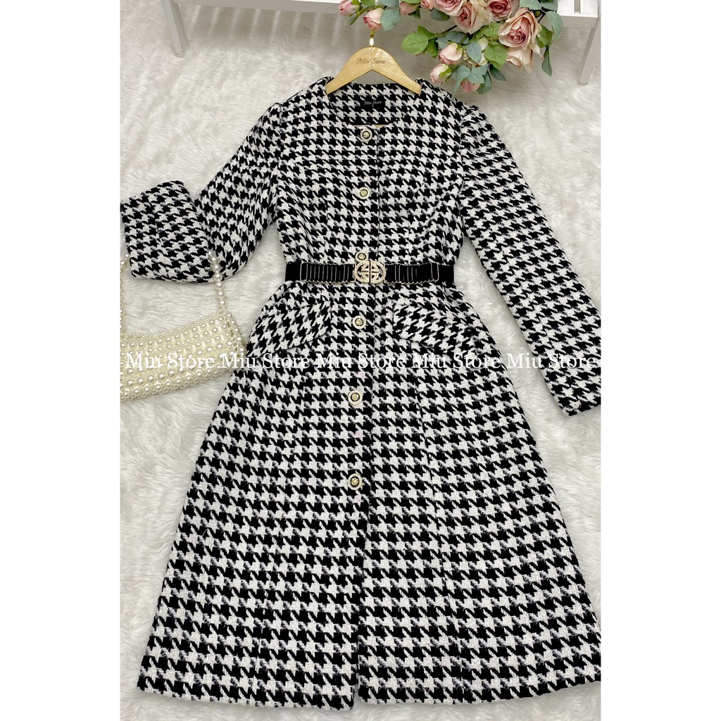 Áo khoác dạ dáng dài họa tiết houndstooth cổ tròn - AK00001 | BigBuy360 - bigbuy360.vn