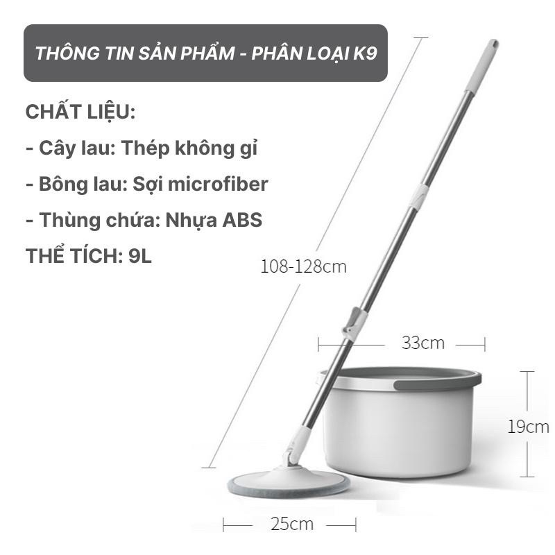 Bộ cây lau nhà tự vắt thông minh K9 chổi lau nhà tách nước bẩn 360 độ siêu sạch - Cây chổi lau nhà xoay 360 kèm thùng