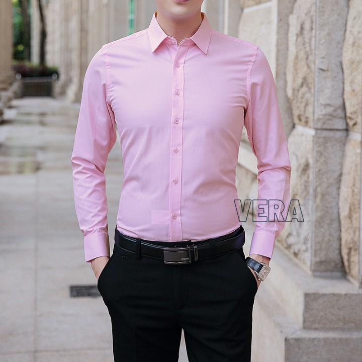 Áo sơ mi nam dài tay Hàn Quốc form body, vải lụa Thái co giãn, chống nhăn cap cấp Vera Shop - SML