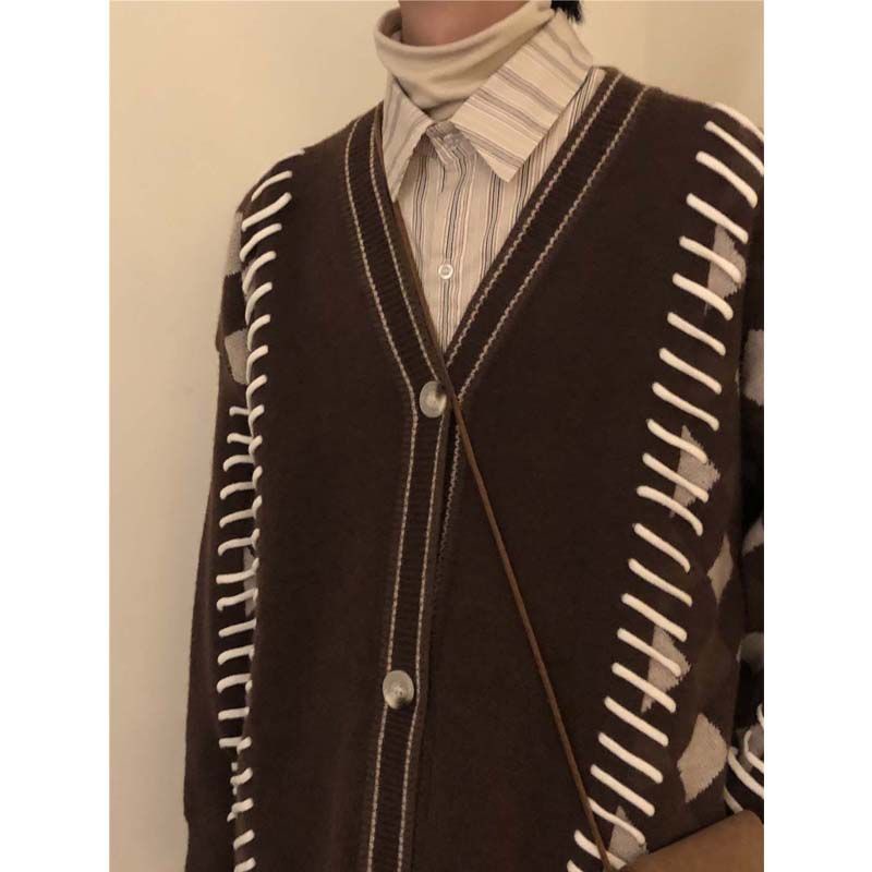 Áo cardigan Dệt Kim Cổ Chữ v Màu Sắc Tương Phản Phong Cách retro Nhật Bản Cho Nam Giới
