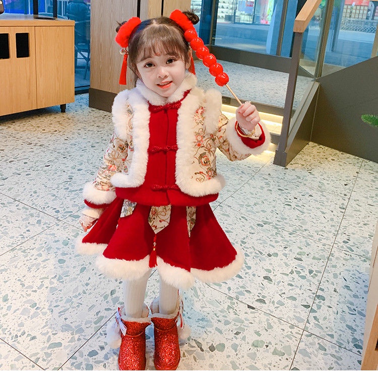 Trang phục kiểu đầm sườn xám Trung Hoa phong cách mùa đông mới cho bé gái