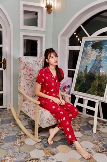 Bộ lụa quần dài tay cộc trái tim bambi vải dư