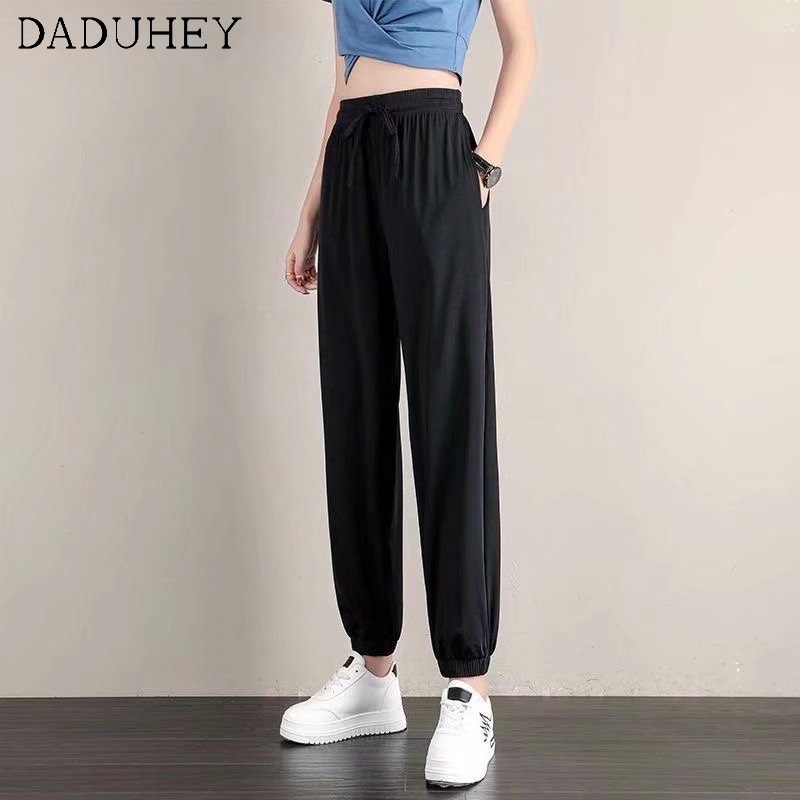 Quần thể thao Daduhey vải lụa lạnh mỏng dáng rộng thời trang thường ngày mùa hè 2022 phong cách Hàn Quốc