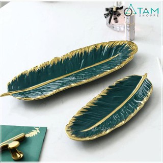 Dĩa gốm cao cấp hình chiếc lá xanh viền vàng CE-DIA-02 TTTM