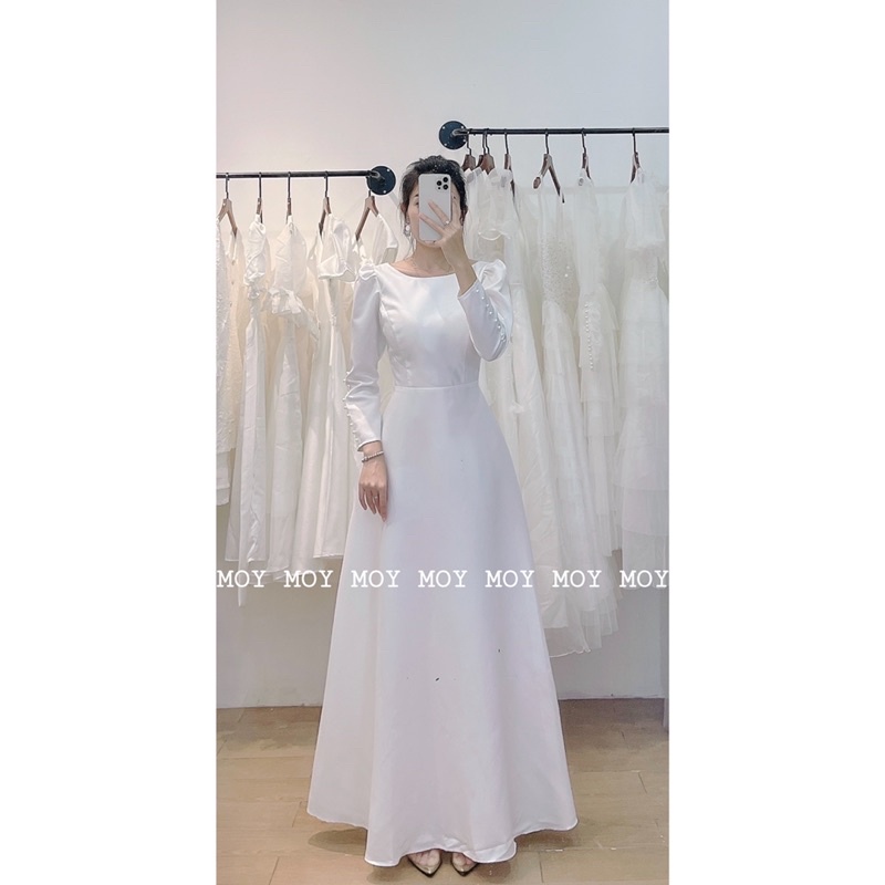 Váy dài phi cổ thuyền tay dài nút lưng V nút - Váy cưới nhẹ nhàng